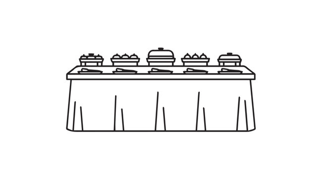 Buffet Food Service Table with Trays and Utensils Outline Illustration
