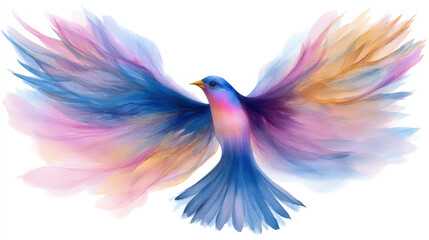 Obraz premium Elegant watercolor bird with vibrant pastel wings spreading in flight. Soft flowing feathers and dreamy colors create a graceful fantasy nature illustration.