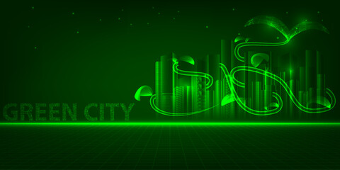 Vector illustrations of green city artwork and background.Plants growth and crawling around the cities.