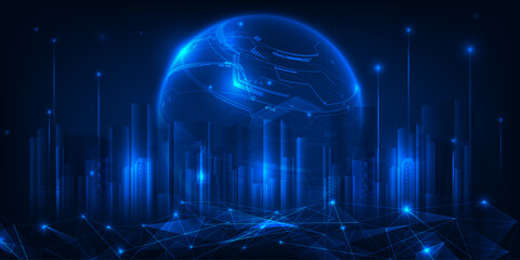 Vector illustration of smart city with hi tech globe and moving up particles on neon blue background. © Alleachday