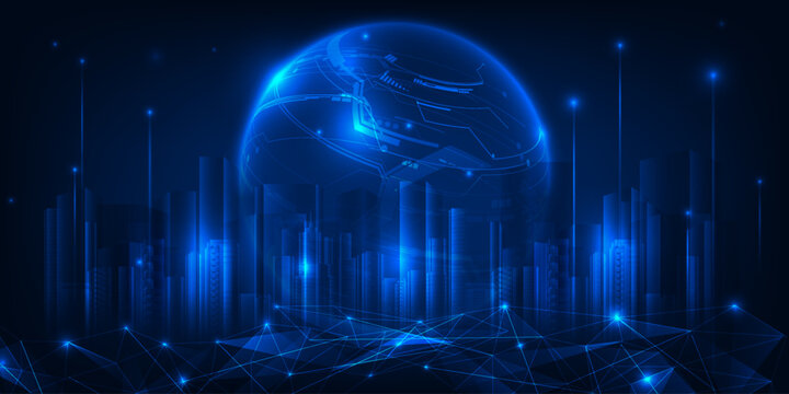 Vector illustration of smart city with hi tech globe and moving up particles on neon blue background.