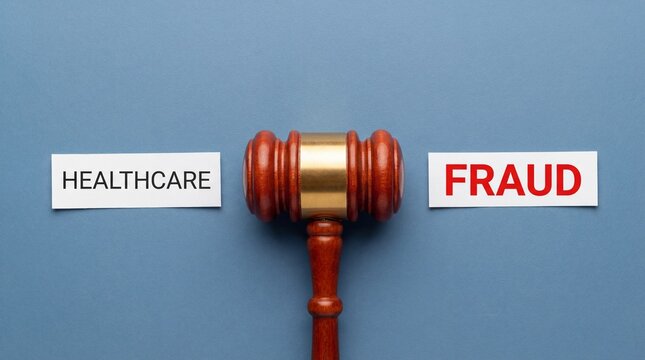 Healthcare fraud concept with gavel and labels on blue background