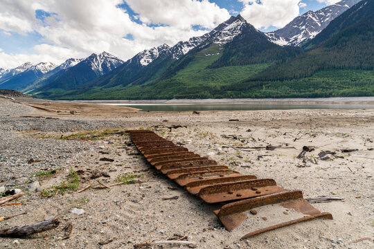 Canada, BC, Valemont.  Kinbasket Lake.  Abandoned tractor tread from old logging operation.