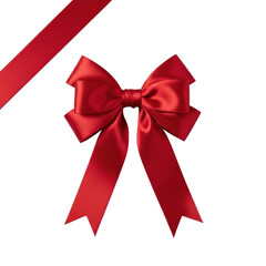 A meticulously tied, vibrant, deep red glossy satin ribbon bow featuring symmetrical loops and flowing tails, isolated on a clean transparent background. Concept of elegant presentation