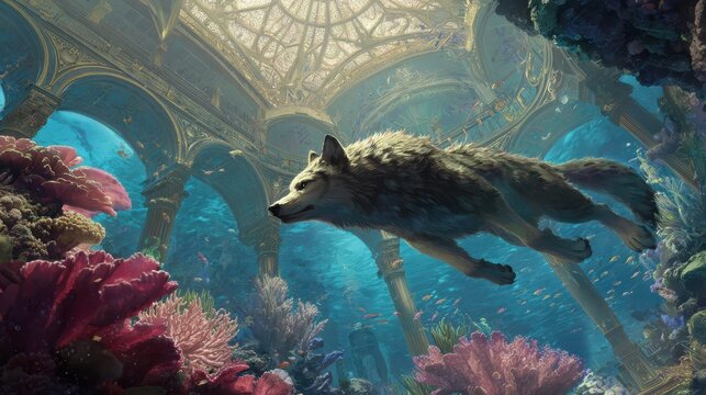 A wolf swims in an underwater scene filled with colorful coral and ancient structures during a bright sunny day