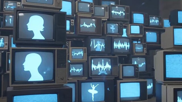 Collection of retro televisions displaying Eiffel Tower and ballerina