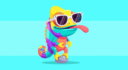 Colorful chameleon wearing white sunglasses. © loxia stock image