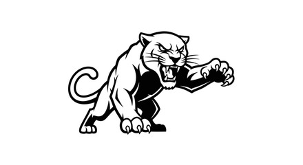 Fototapeta premium Fierce Panther Mascot Roaring and Pouncing - Dynamic Black and White Wild Cat Illustration