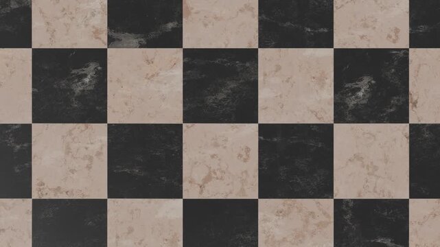 Checkerboard pattern of black and beige marble tiles scrolling horizontally seamless loop, 4K resolution, 3d rendering.