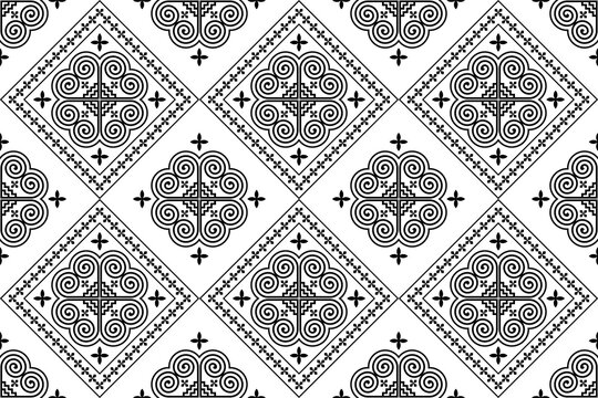 Hmong fabric patterns feature intertwined curved lines forming spirals, a unique symbol of the Hmong ethnic group. These patterns can be used in the design of clothing, bags, backgrounds, wallpapers, 