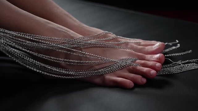 Foot fetish. Close-ups of naked female feet with silver chain jewelry.