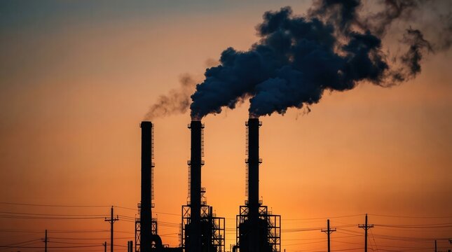 Industrial plant with smokestacks emitting smoke at sunset pollution environment factory industry power energy chimney stacks electricity transmission lines wires poles orange sky evening dark