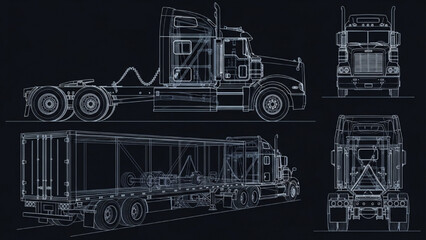 Obraz premium Semi-Truck and Trailer Blueprint Wireframe Multiple Views Logistics Transport Vehicle Technical Illustration