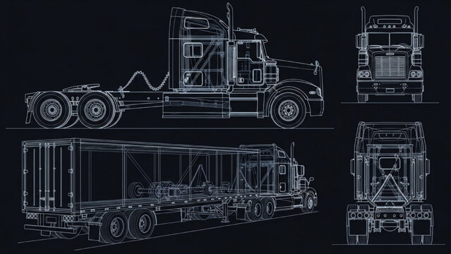 Semi-Truck and Trailer Blueprint Wireframe Multiple Views Logistics Transport Vehicle Technical Illustration