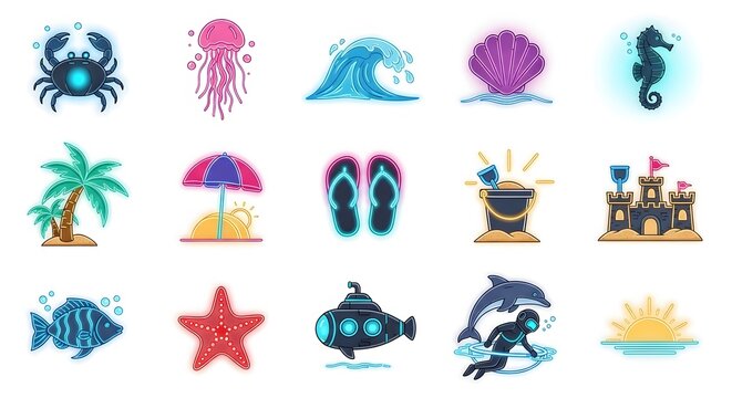 Vibrant Summer Beach Icons and Symbols.