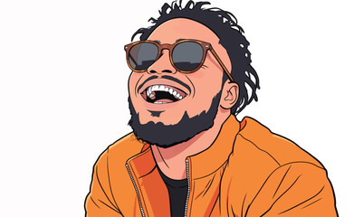 A man is laughing while wearing sunglasses and an orange jacket. He seems to be enjoying a sunny day outdoors with friends.