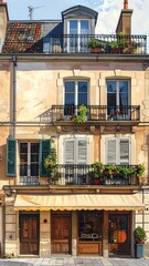 Obraz premium A charming European-style building with balconies and flower boxes