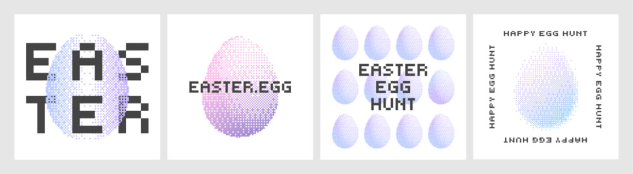 Set of modern easter posters with pixel halftone eggs and retro bitmap typography. Pastel gradient spring textures and geometric dot layouts for greeting card, banner, invitation