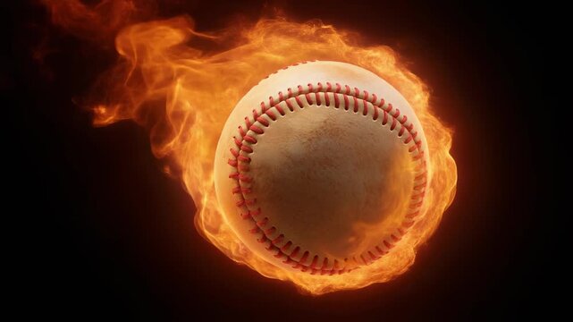 Baseball Ball Flying in Fire and Orange Flames on Black Background