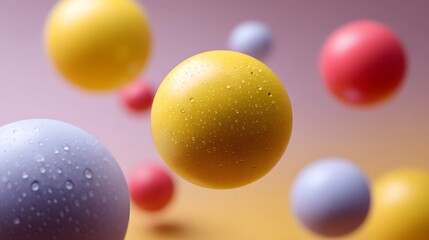 Abstract arrangement of colorful water droplet covered spheres floating against a soft gradient background