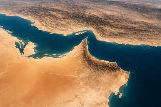 Aerial view of Strait of Hormuz representing the reopening of strategic global energy shipping route for international oil trade and maritime transport stabilization.