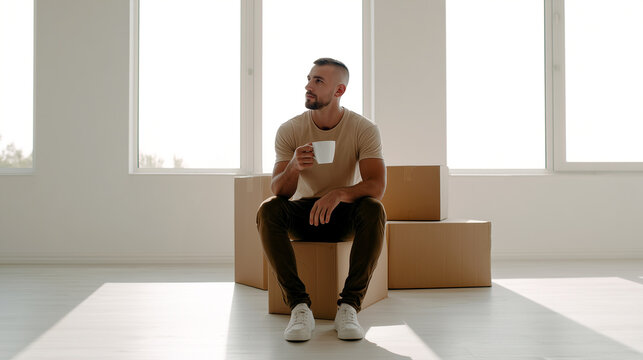 Man sitting cardboard boxes empty apartment holding coffee cup, moving new home fresh start, bright minimal interior window relocation lifestyle contemplative.