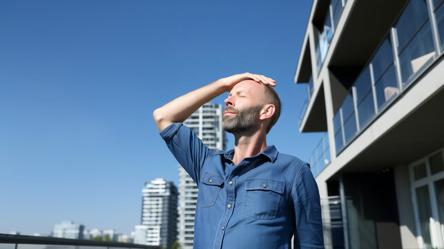 Man shielding eyes summer heat urban rooftop, blue shirt city buildings sky, sun protection overheating fatigue outdoor hot weather lifestyle portrait.