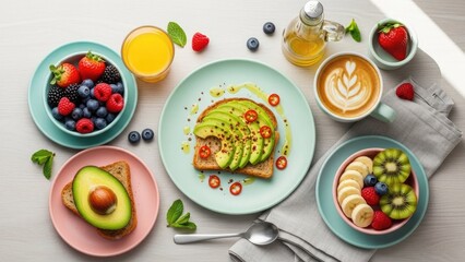 Healthy Breakfast Spread with Fresh Fruits and Avocado Toast.