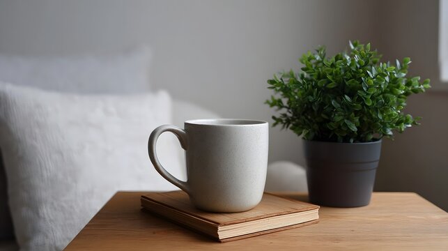 A cozy mug rests on a book beside a potted plant on a wooden table in a minimalist interior setting