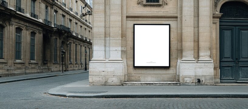 Blank billboard on a stone building facade next to street