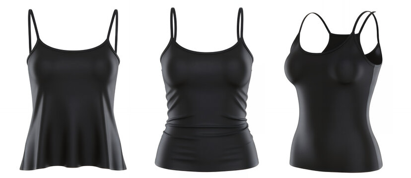 Three black tank tops with different styles and silhouettes