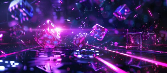 Colorful dice roll on a neon-lit casino floor at night with bright lights and reflections creating a lively gaming scene