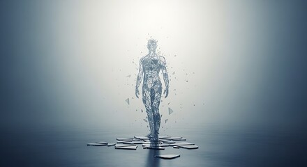 High Quality, Professional Disintegrating human figure made of puzzle pieces in bright light with shards falling apart on floor Stock Photo, AI Generated