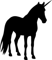Obraz premium Black Unicorn Silhouette Vector Illustration Standing on White Background