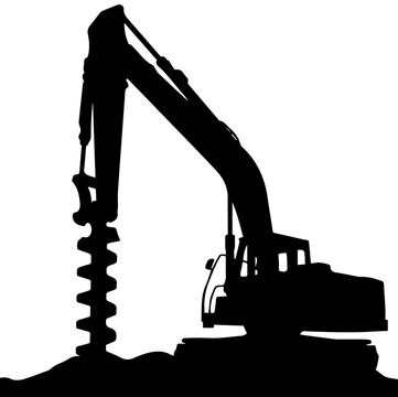 Black Silhouette of a Heavy Duty Drilling Machine Excavator with Auger for Foundation Construction