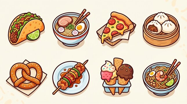 A collection of delicious and diverse food icons, showcasing popular international dishes and treats