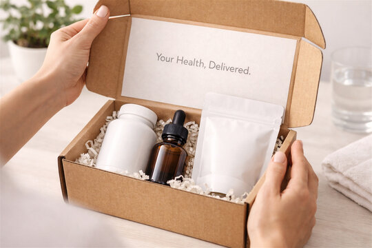 woman's hands opening a cardboard subscription box filled with vitamins supplements and a dropper bottle emphasizing health and wellness product delivery