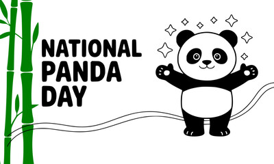 Naklejka premium Cute cartoon panda bear with bamboo celebrating National Panda Day, a fun and adorable wildlife awareness banner design for animal lovers and conservation campaigns