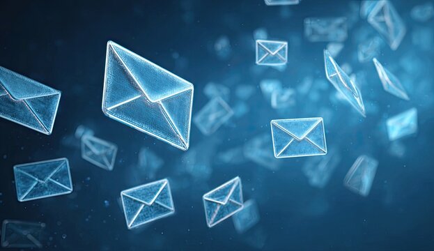 Glowing digital envelopes float through a dark, speckled blue atmosphere