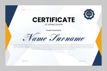 Obraz premium Employee or company award certificate template with a modern blue and yellow color combination theme