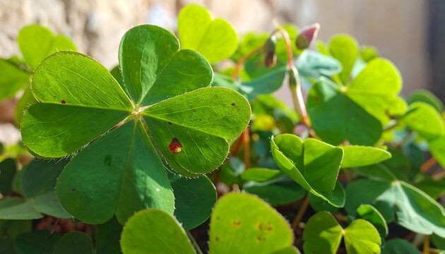 A close-up view of green leaves with a four-leaf clover