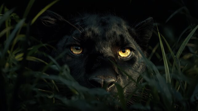 Black panther watches from dense grass in a dark jungle during early morning hours near a river