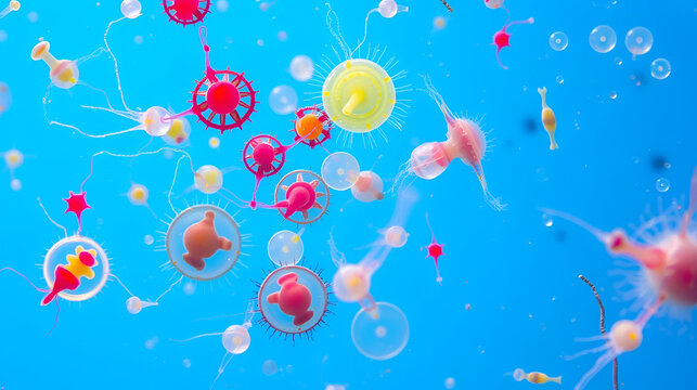 Microscopic view of colorful protozoa, including paramecia and amoebas, swimming in a clear blue aquarium water background with visible cells and microorganisms.