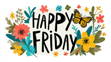 Fototapeta premium vector illustration of colorful text happy friday with flowers and butterflies, isolated on a white background. the design features a flat, detailed character illustration with texture-rich canvases a