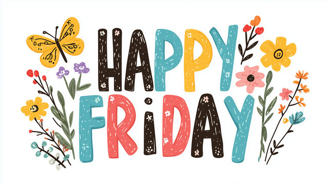 vector illustration of colorful text happy friday with flowers and butterflies, isolated on a white background. the design features a flat, detailed character illustration with texture-rich canvases a