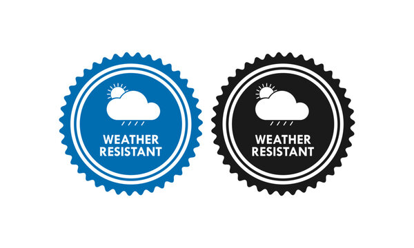 Professional weather resistant seal featuring cloud, sun, and rain icons. Minimalist circular stamp design for outdoor durability, protection, and climate proof material labeling.