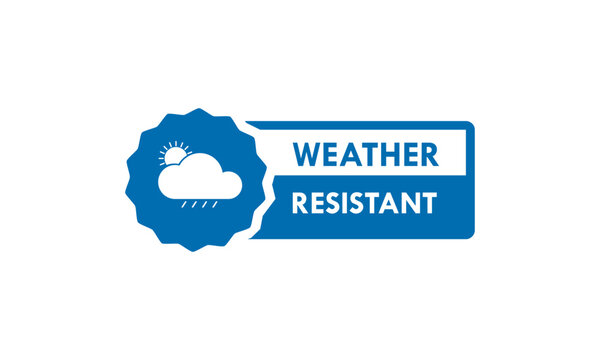 Professional weather resistant seal featuring cloud, sun, and rain icons. Minimalist circular stamp design for outdoor durability, protection, and climate proof material labeling.