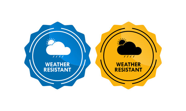 Professional weather resistant seal featuring cloud, sun, and rain icons. Minimalist circular stamp design for outdoor durability, protection, and climate proof material labeling.