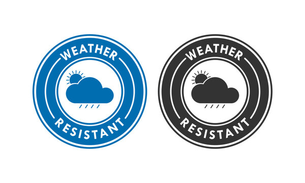 Professional weather resistant seal featuring cloud, sun, and rain icons. Minimalist circular stamp design for outdoor durability, protection, and climate proof material labeling.