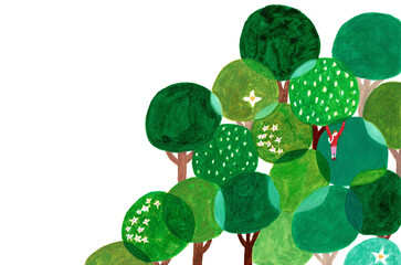 森の木に登る人物と緑の木々のイラスト 自然環境イメージ